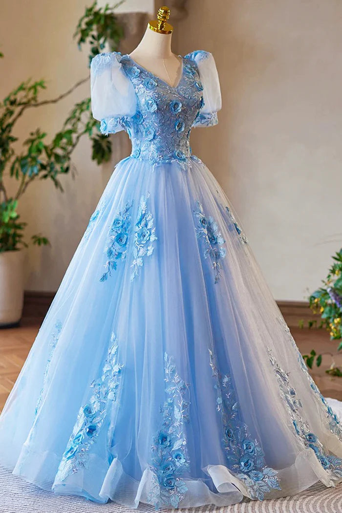 Blue Lace Flowers Long Prom Dress, Beautiful V-Neck Evening Party Dress